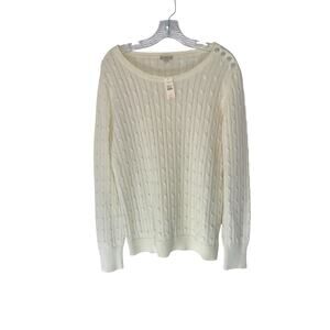 Talbots Sweater White Cable Knit Crewneck Button Detail Classy Basic Large